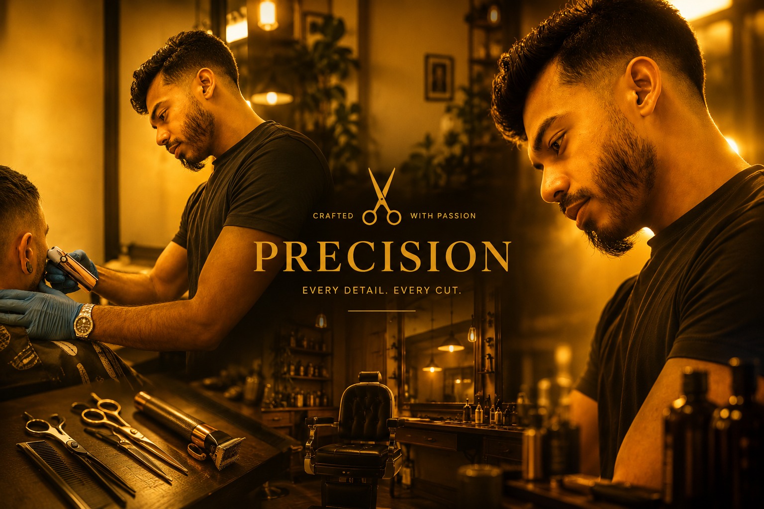 Barber crafting a precision cut — crafted with passion, every detail, every cut